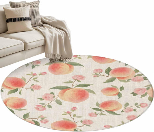 3ft Round Area Rug, Vintage Pink Peaches Flowers Washable Non Slip Area Rugs, Summer Fruit on Linen Non Shedding Soft Floor Carpets for Living Room Bedroom Office Home Decor