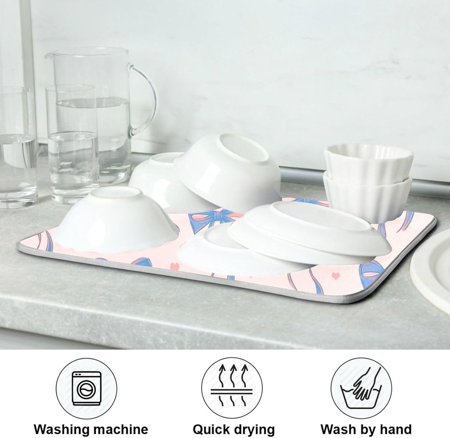 Light Blue Pink Bow Dish Drying Mat for Kitchen Counter 16 x 18 Inch Rack Pads Microfiber Dry Dishes Drainer Mats Dish Drying Pad Tableware Countertops Decor