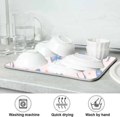 Light Blue Pink Bow Dish Drying Mat for Kitchen Counter 16 x 18 Inch Rack Pads Microfiber Dry Dishes Drainer Mats Dish Drying Pad Tableware Countertops Decor
