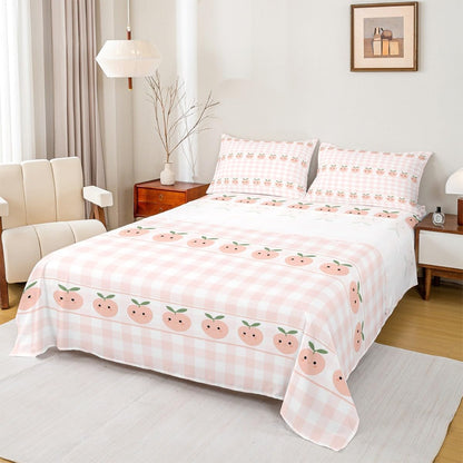 Homewish Peach Print Bed Sheets Full Size,Pink White Checkered Bedding Set 4Pcs for Kids Girls Boys Teens Room Decor,Cartoon Fruit Fitted Sheets Sweet Kawaii Top Flat Sheet,2 Pillowcases