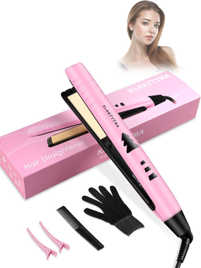 Lightweight 2 in 1 Hair Straightener & Curler, Titanium 3D Floating Plates 15s Instant Heating, Negative Ion Tech for Smooth Hair, Mini Portable with Pouch & Anti-Scald Glove, Pink