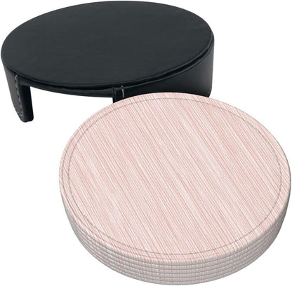 Light Pink Pastel Pattern Subtle Vertical Stripes Premium Leather Coasters, Set of 6 with Holder, Stylish Beverage Coasters for Kitchen Coffee Bar