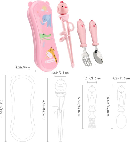 Toddler Utensils Stainless Steel Kids Silverware Set with Kids Training Chopsticks and Baby Spoon and Fork for Self Feeding Learning with Case (3PCS)(Pink)