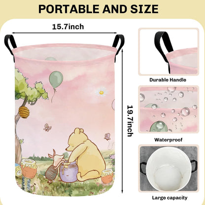 Greatingreat Pink Winnie Foldable Laundry Hamper, Circular Canvas Storage Basket with PE Coating, Collapsible Clothes Organizer for Home, Nursery, and Bedroom
