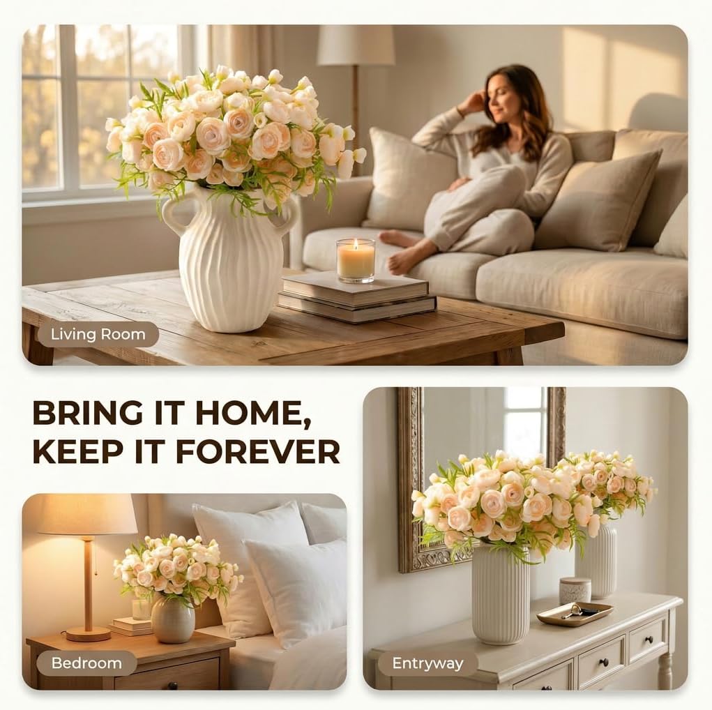Artificial Ranunculus Flowers Cream Peach Faux Silk 20Pcs Artificial Flowers Bouquet for Home Decor Wedding DIY Gifts