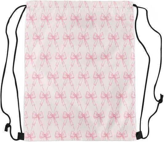 jejeloiu Bow Drawstring Backpack 13"x15.7" Pink Bow Sports Drawstring Sackpack Cute Bowknot Drawstring Bags Women Men Kawaii Waterproof Cinch Bag Bow and Stripes
