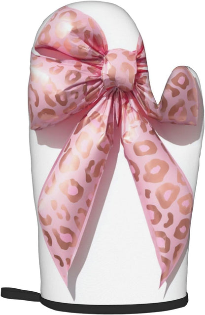 Light Pink Bow Balloon Leopard Print Oven Mitts and Pot Holders Sets,Heat Resistant Potholder Kitchen Decor for Cooking Baking BBQ, Oven Glove Set