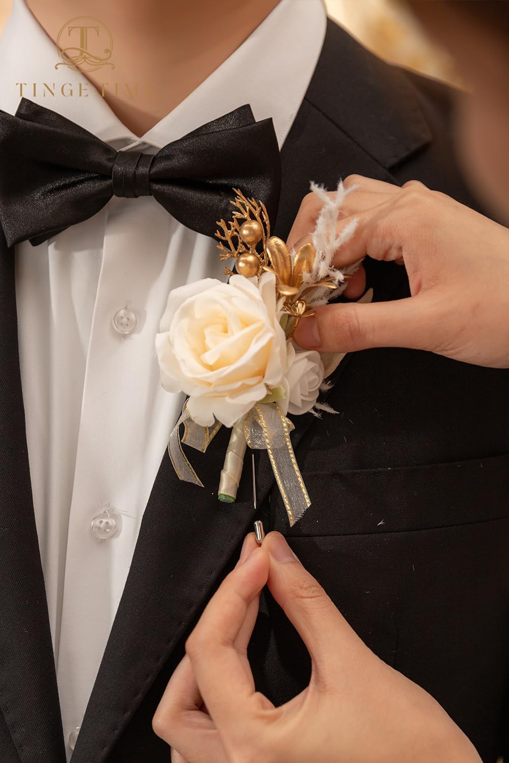 TINGE TIME Boutonniere for Men, Groom and Best Man Boutonniere for Wedding Ceremony Anniversary, Formal Dinner Party and Rustic Wedding Marriage (Champagne&Pink)