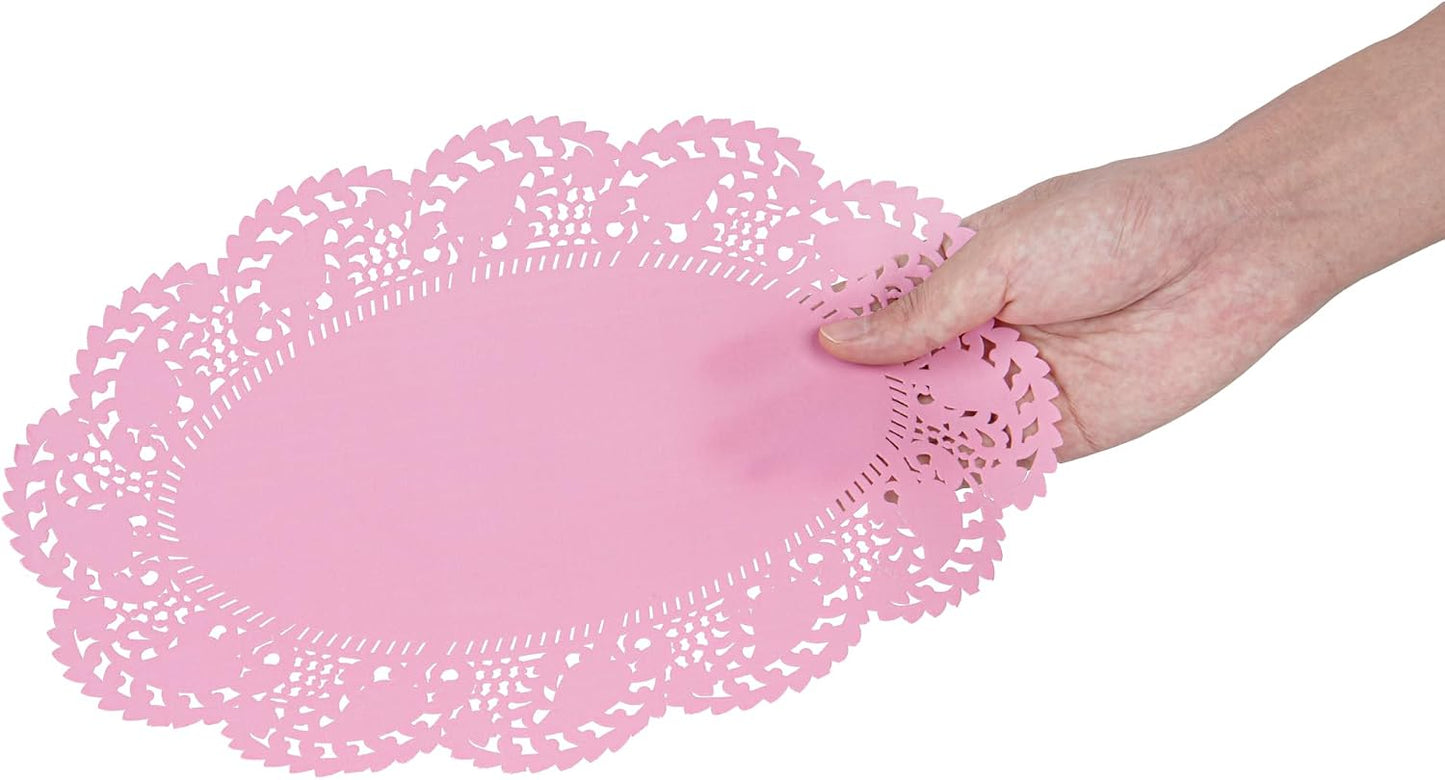 Restaurantware-Pastry Tek 12.5 x 8.5 Inch Paper Lace Doilies, 100 Oval Disposable Table Doilies - Elegant Lace Finish, Long Lasting, Pink Paper Lace Doilies, for Pastries, Cupcakes, Desserts