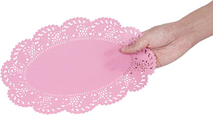 Restaurantware-Pastry Tek 12.5 x 8.5 Inch Paper Lace Doilies, 100 Oval Disposable Table Doilies - Elegant Lace Finish, Long Lasting, Pink Paper Lace Doilies, for Pastries, Cupcakes, Desserts