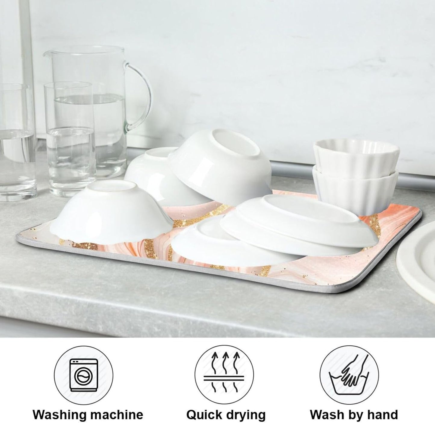 Qilmy Rose Gold Marble Dish Drying Mat Absorbent Reversible Dish Drainer Pad Tableware Mat for Kitchen Counter Home Decoration, 16 x 18 Inch