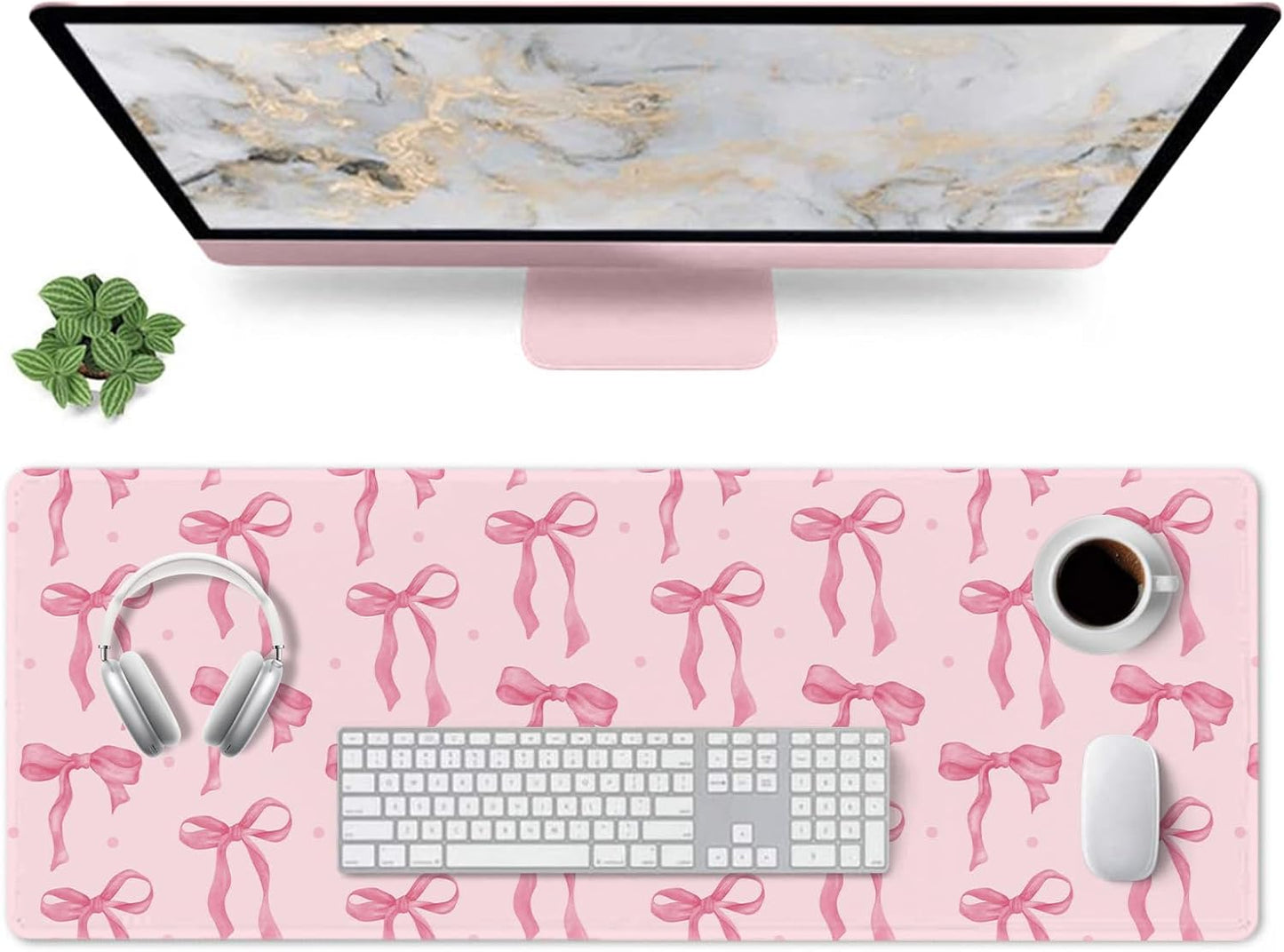 Pink Mouse Pad, Large Pink Desk Mat Bows Computer Mat, Gaming Keyboard and Mouse Pad Non-Slip Rubber Base, Stitched Edge, Cute Girly Office Supplies Desk Accessories Decor for Women 31.5 x 11.8in