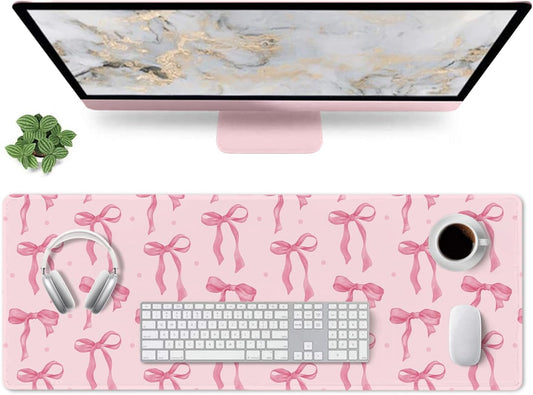 Pink Mouse Pad, Large Pink Desk Mat Bows Computer Mat, Gaming Keyboard and Mouse Pad Non-Slip Rubber Base, Stitched Edge, Cute Girly Office Supplies Desk Accessories Decor for Women 31.5 x 11.8in