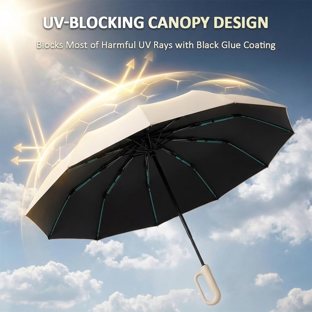 RAINPOT Umbrella for Rain & Sun, Automatic Folding UV Umbrellas with Ring Handle, Compact Reverse Umbrella, UV-Blocking Canopy, Wind and Water Resistant Design for Daily Commute & Travel