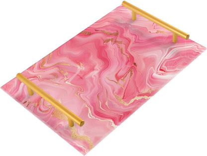 Peach Marble Decorative Dinner Trays with Handles Drink Serving Tray for Jewelry Perfume for Coffee Tables, Office
