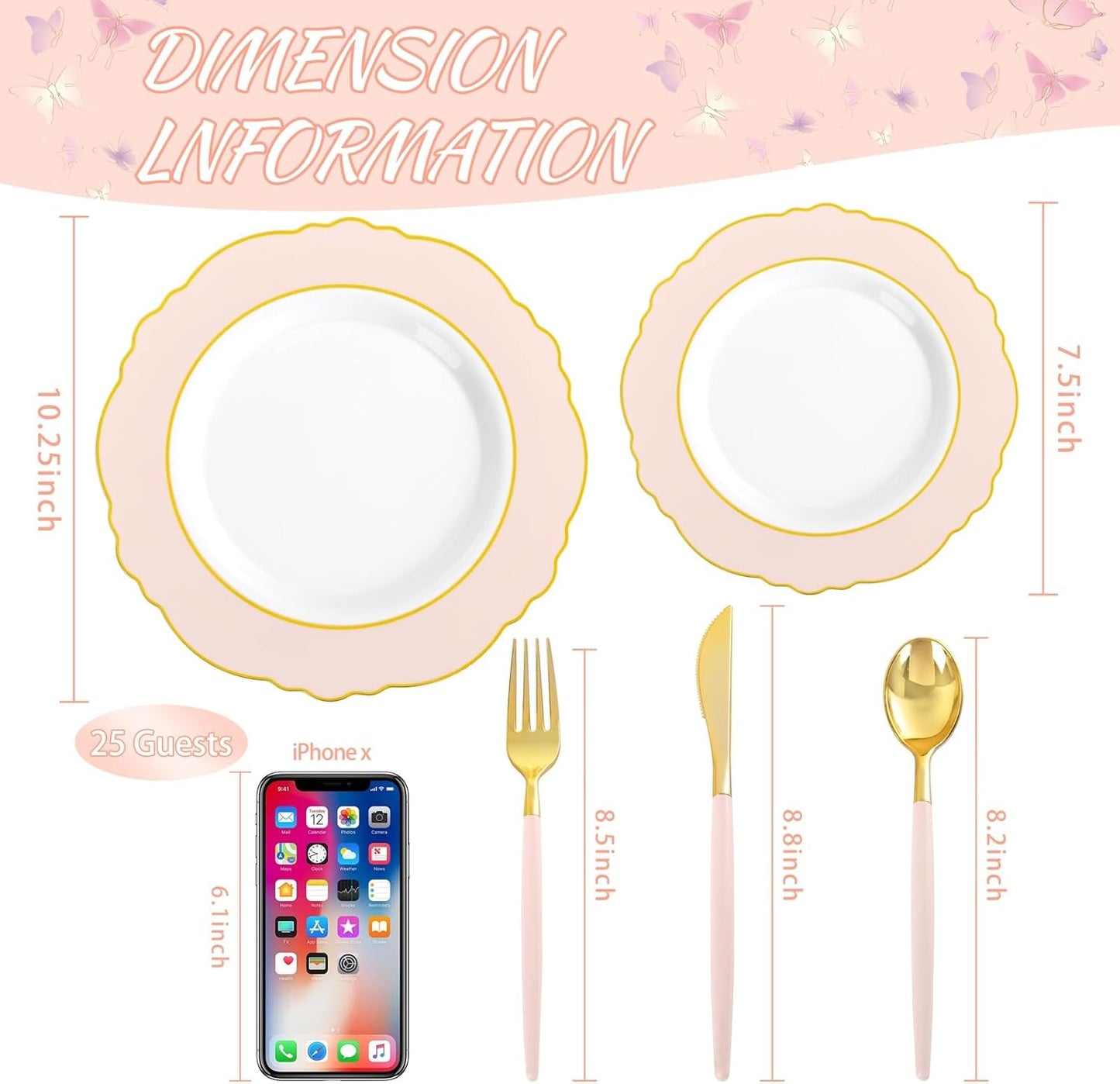 WDF 30Guest Pink Plates Disposable - Hign-end Baroque Design - Gold Plastic Silverware with Handle-Baroque Pink &Gold Plastic Dinnerware for Baby Shower/Wedding/Birthday/Party