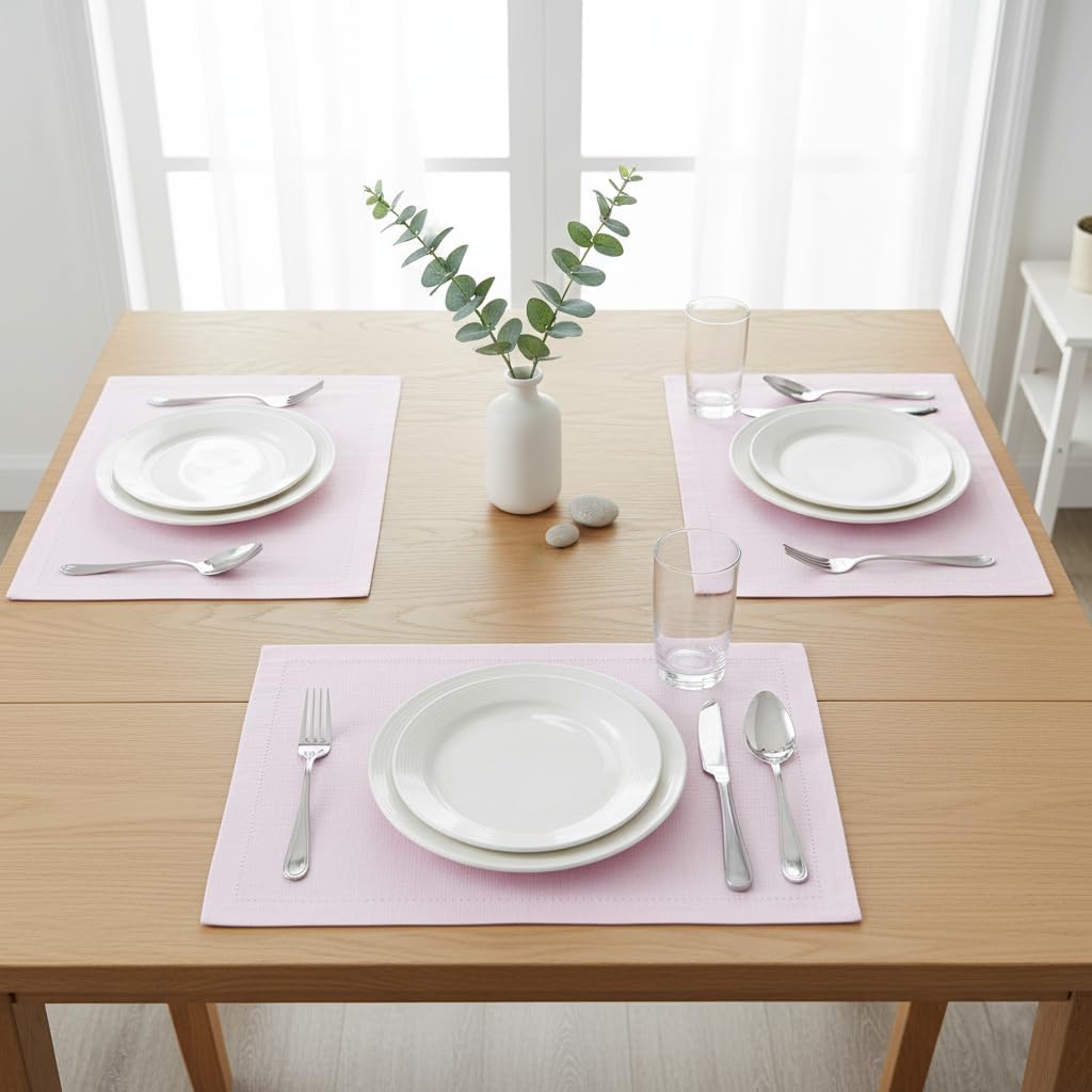 Urban Villa Placemats for Dining Table 100% Cotton Placemats 14''x20'' Over Sized Tablemats Set of 6 Placemats Hemstitch Pink Tablemats for Family Dinners Wedding Parties Placemats