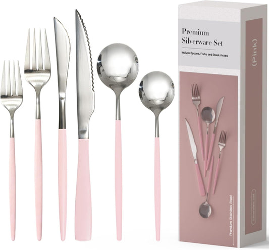 Astercook 25-Pieces Silverware Set with Steak Knives for 4 - Great Food-Grade Stainless Steel Flatware Set, Mirror-polished Cutlery Utensil Sets, Ideal for Home Restaurant & Banquet Use, Pink