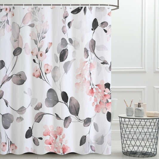 Grey Eucalyptus Shower Curtain, Watercolor Gray and Pink Floral Shower Curtain Set with Hooks Waterproof Spring Botanical Bathroom Decor, 72x72 Inch
