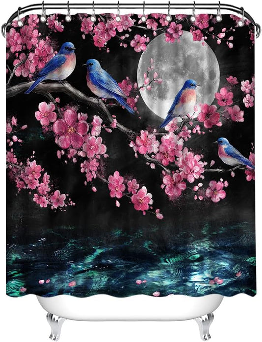 Pink Blue Bathroom Decor 72X72 Birds on Cherry Blossom Waterproof with Shower Curtain12 Hooks