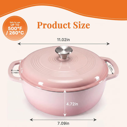 NEWBULIG Cast Iron Dutch Oven, 6 Quart Enamel Dutch Oven Pot with Lid, Heavy Duty Cookware for Sourdough Bread, Braising, Stews, Roasting, Safe up to 500°F, Pink