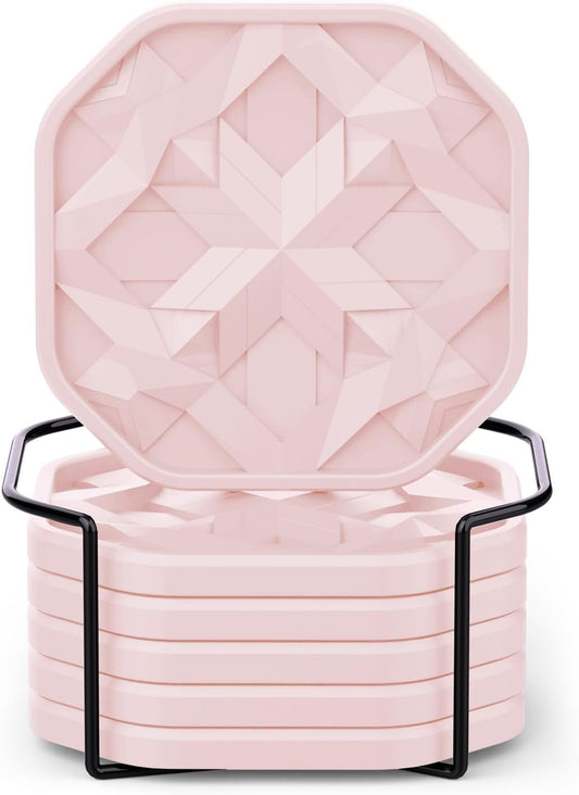 UMIRRO Silicone Cup Coasters for Drinks with Tailored Holder, Coffee Table Centerpiece, Modern Home Bar or Aesthetic Kitchen Essentials, Pink House Decor Gifts, Set of 6