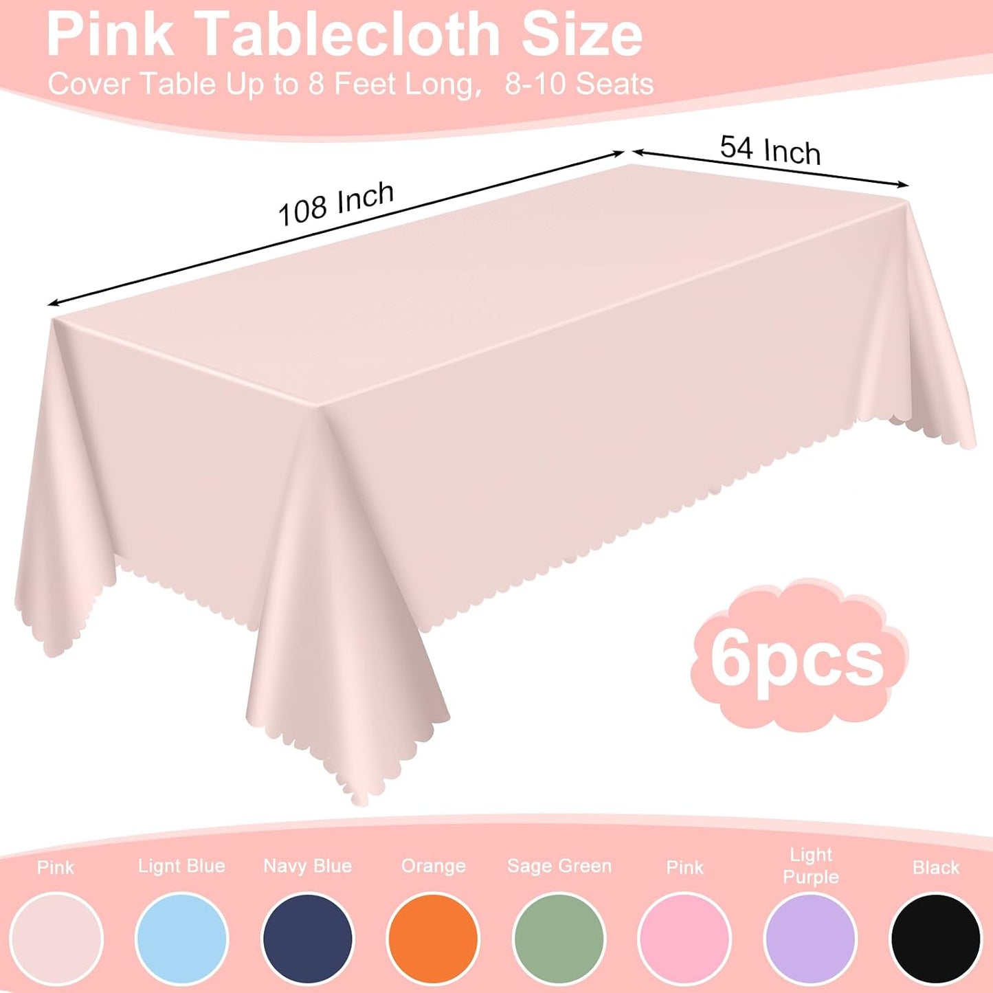 6 Pack Plastic Light Pink Tablecloths, 54 X 108Inch Disposable Spring Tablecloth Scalloped Pink Table Cloth for Rectangle Tables Table Cover for Girls Birthday Baby Bridal Shower Tea Party Wedding