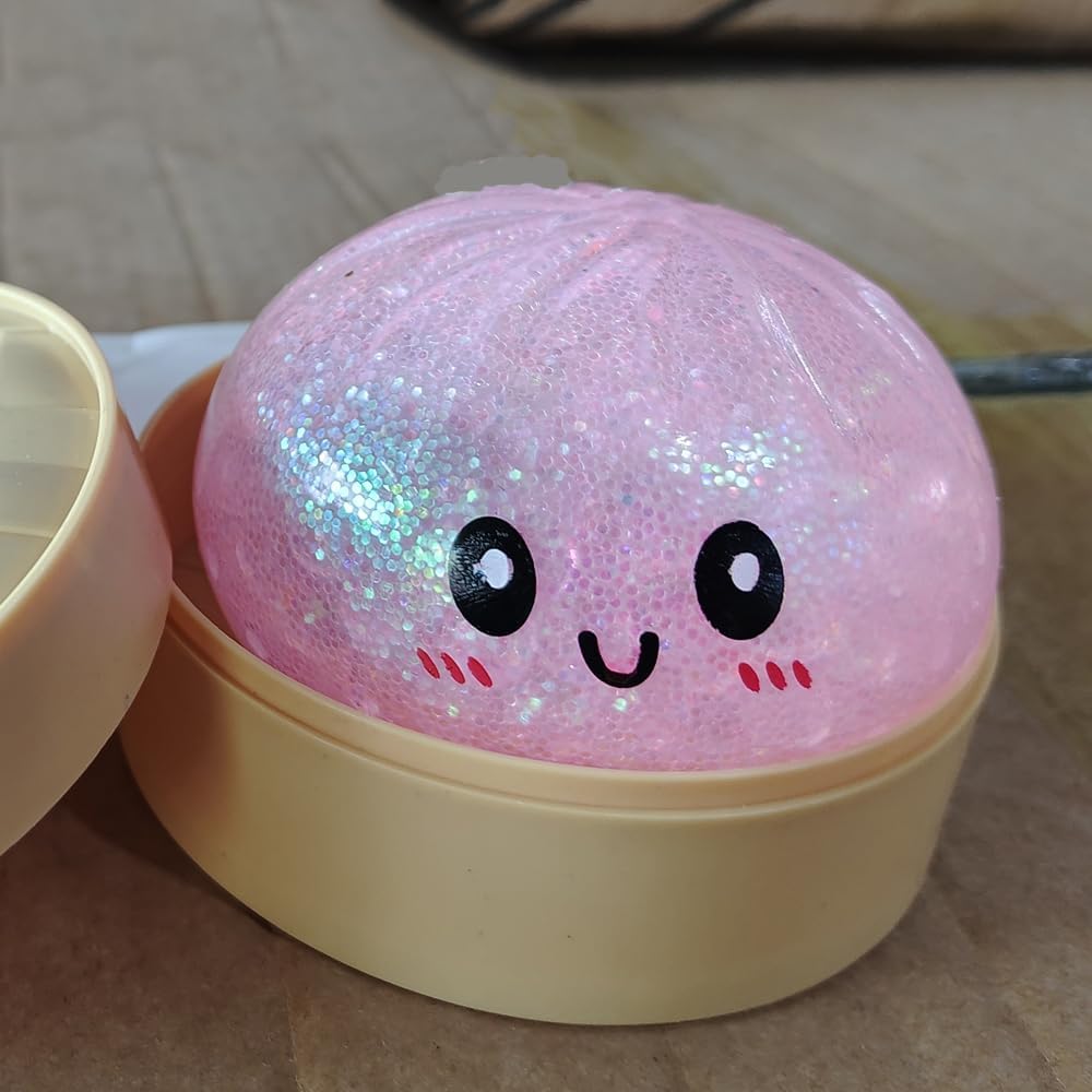 Dumpling Squishies, Glitter Dumpling Mystery Box, Colorful Dumplings Stress Balls Fidget Sensory Toy, Squeeze Stress Balls for Adults, with Steamer Stretchy Desk Toys (Glitter Pink)