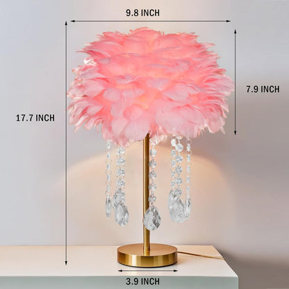 Pink Feather Bedside Table Lamp Furry Nightlight Princess Modern Fluffy Desk Lamp Romantic Bedside Night Light Feather Gold Nightstand Lamp for Girl Bedroom Wedding Decor (Gold+Pink Feather)