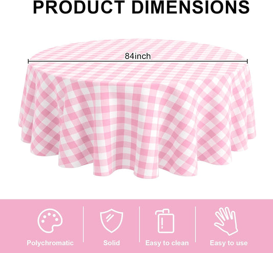 8 Pack Plastic Tablecloth 84" Disposable Table Cloths for 6 to 8 Foot Tables Round Table Cover for Parties (Pink Checkered, Round)