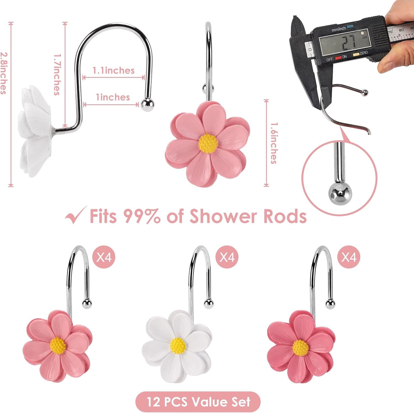 Flower Shower Curtain Hooks, 12 Pack Rustproof Stainless Steel Decorative, Bohemian Floral Bathroom Accessories for Curtain Rod and Shower Rod（Peach Blush）