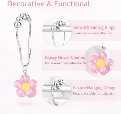12 Pcs Pink Bow Shower Curtain Hooks, Decorative Shower Curtain Rings Rust Proof, Cute Aesthetic Bathroom Curtain Hooks for Girls, Teens & Women (Light Pink Flower)
