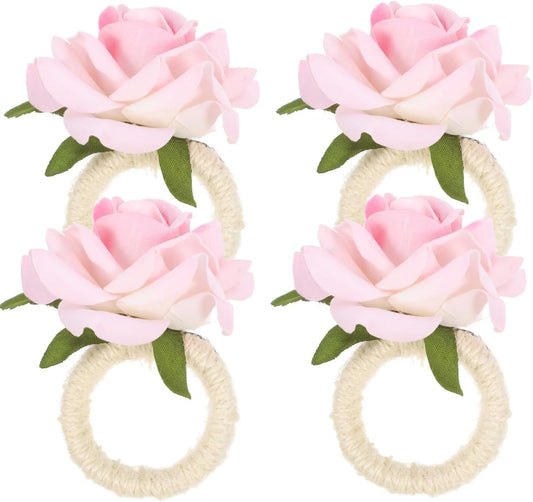 PRETYZOOM 4Pcs Artificial Flower Napkin Rings Pink Rose Napkin Holders for Wedding Valentine's Day Party Table Decor Lightweight Tabletop Buckles