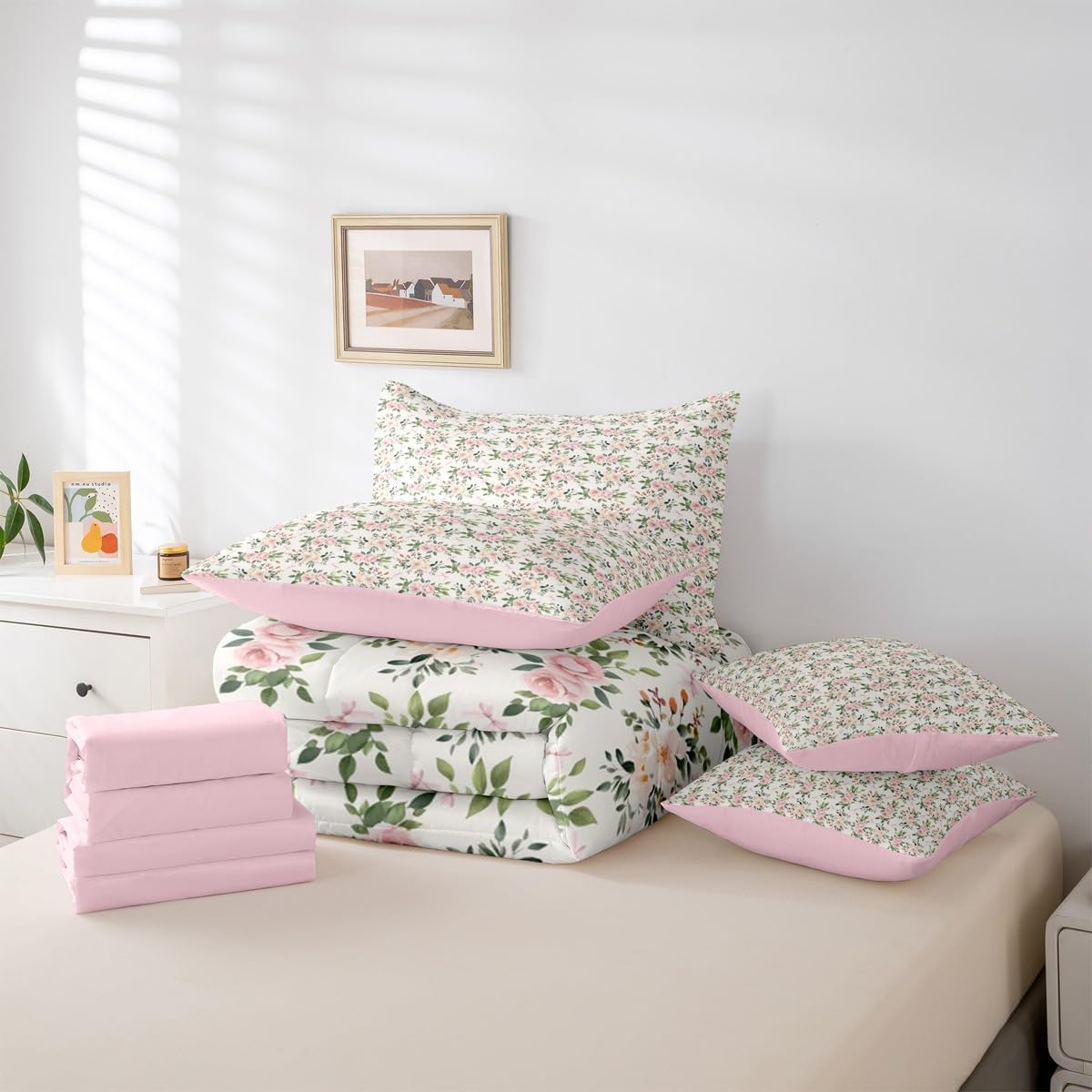 Erosebridal Flower 7 Piece Bedding Set Twin Rose Comforter Set with Sheets Peach Blossom Kawaii Ribbon Bow Bed in a Bag Princess Girly Leaves Floral Theme for Kids Girls Women