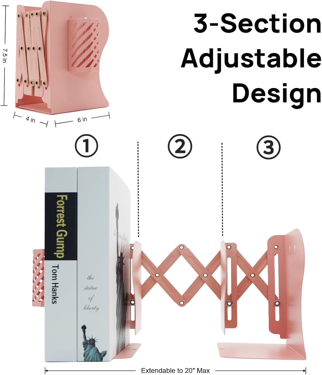 Adjustable Book Ends for Heavy Books, Metal Expandable Bookends for Shelves, Book Organizer Stopper Holder for Desk, Kids Room, Classroom, Office, Library (Pink)