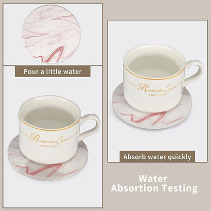 Cute Pink Marble Coasters Set of 6 Pack Stone Coffee Table Decor Absorbent Ceramic Cup Coaster with Holder Decorative Tea Bar Accessories Gift Kitchen Desk Coster Drink Modern Funny Aesthetic Coasters