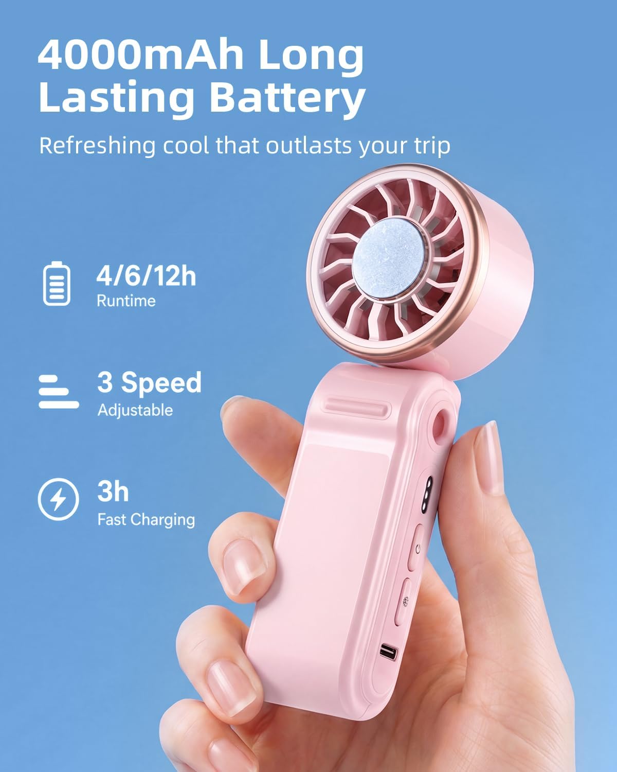 SWEETFULL Mini Portable Fan with Ice Cooling, Lightweight Handheld Pocket Turbo Fan Rechargeable, 3 Speed, Foldable Personal Hand Fan for Travel, Beach Vacation, Women Girls (Pink)