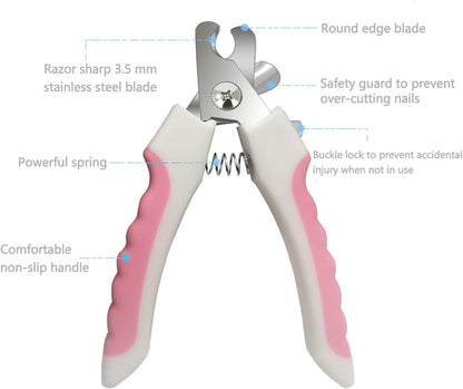 Pet Nail Clippers and Trimmers Set Safety Guard to Avoid Over Cutting Razor Sharp Blades Grooming Tool for All Small Large Dog Cat (Pink)
