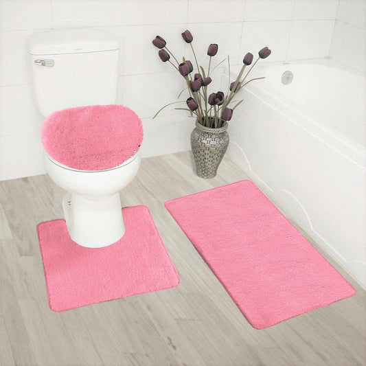 3 Piece Basic Polyester Ultra Plush Rugs Set with Toilet Lid Cover Bathroom Set #6 (Light Pink)