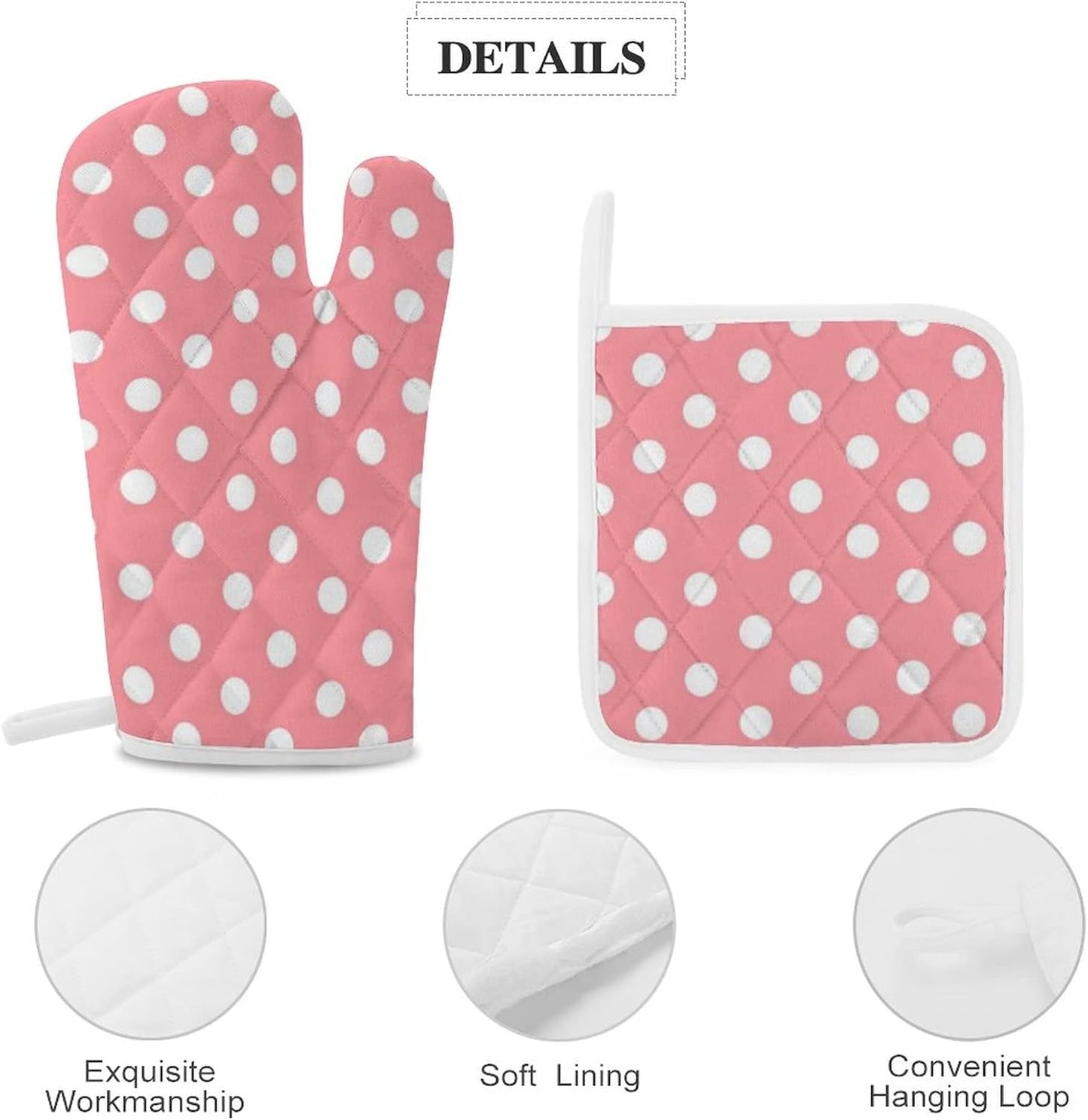 4PCS Oven Mitts Glove Kitchen Heat Resistant Pot Holders Set Pink with White Polka Dots Pattern Kitchen Microwave Oven Gloves Mitts Anti-Scald Baking Cooking Gloves