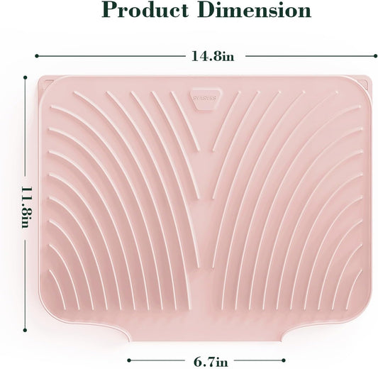 Silicone Dish Drying Mat for Kitchen Counter, Sloped Dish Drainer Mat with Drainage Ridges Grooves, Reliable Support, Non-Slip, Portable, Pink, 14.6" x 11.8"