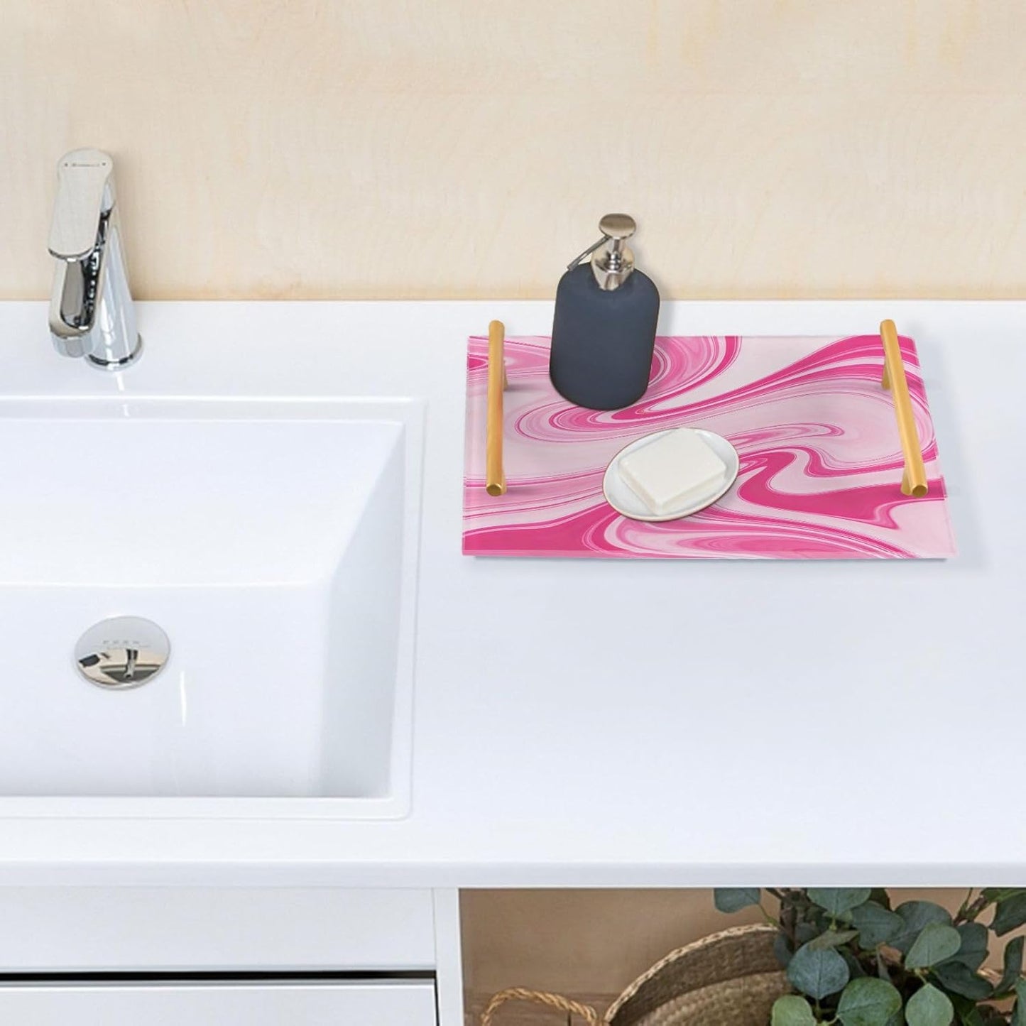 Peach Waves Decorative Farmhouse Tray with Handles Plastic Food Tray for Jewelry Perfume for Room Service bandeja de decoracion para sala