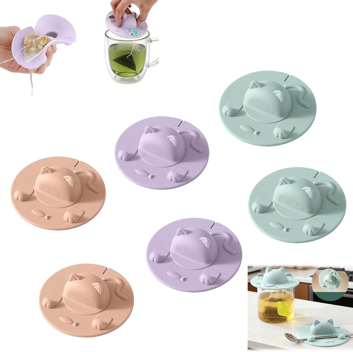 Tea Bag Mug Topper, Cat-Designed Silicone Cup Cover, Tea Bag Holder Lid for Coffee Milk Tea Mug (6-Light Pink)