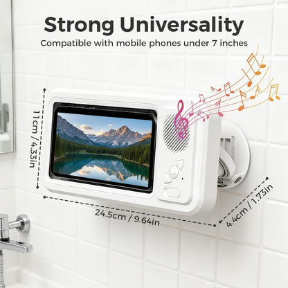 RTENBUAN Shower Phone Holder Waterproof with Wireless Bluetooth Speaker, Hands-Free Shower Phone Holder for Any Phone, Wall Mounted Phoneholder for Bathroom Mirror (Pink)