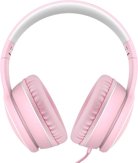 R10 Over-Ear Headphones with Microphone, Lightweight Folding Stereo Bass Headset with 1.5M No-Tangle Cord, Portable Wired Headphones for Smartphone Tablet Computer MP3 / 4 (Pink)