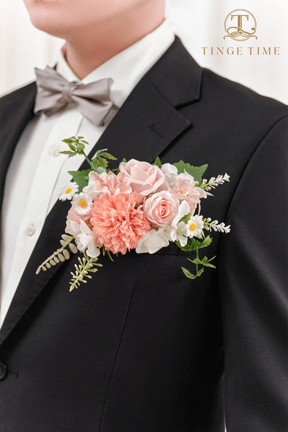 TingeTime Single Pocket Boutonniere for Man Groom, Best Man Boutonniere for Wedding Ceremony Anniversary, Formal Dinner Party and Rustic Spring Wedding Marriage(PeachPink&White)