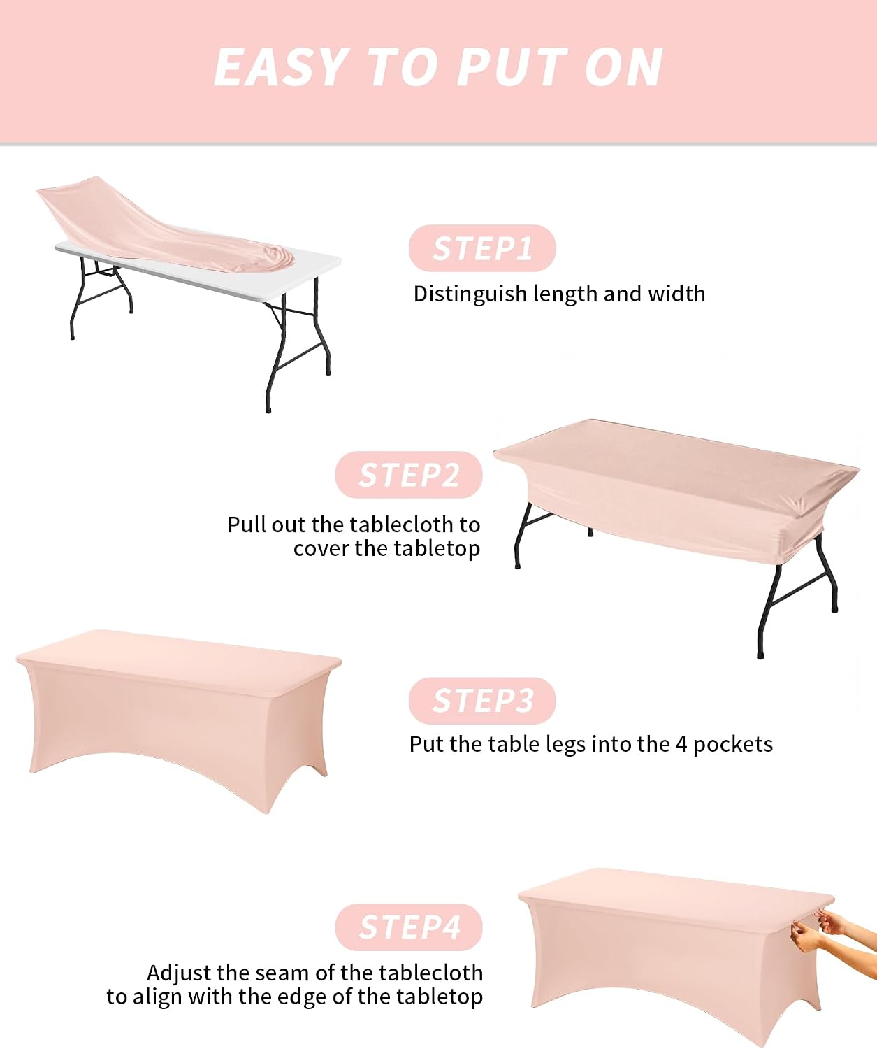 Fixwal Pink Stretch Table Cloth Rectangle 2 Pack 6FT, Spandex Fitted Table Covers Washable for Party, Trade Show, Banquet, Wedding, Buffet