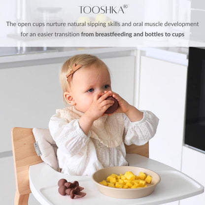 Tooshka® Baby Utensil Set (3 pcs) - Self Feeding Spoons and Tiny Cup - Silicone & BPA Free - Baby-Led Weaning (BLW) Supplies - Ages 6+ Months - Pink Baby Cup & Utensils
