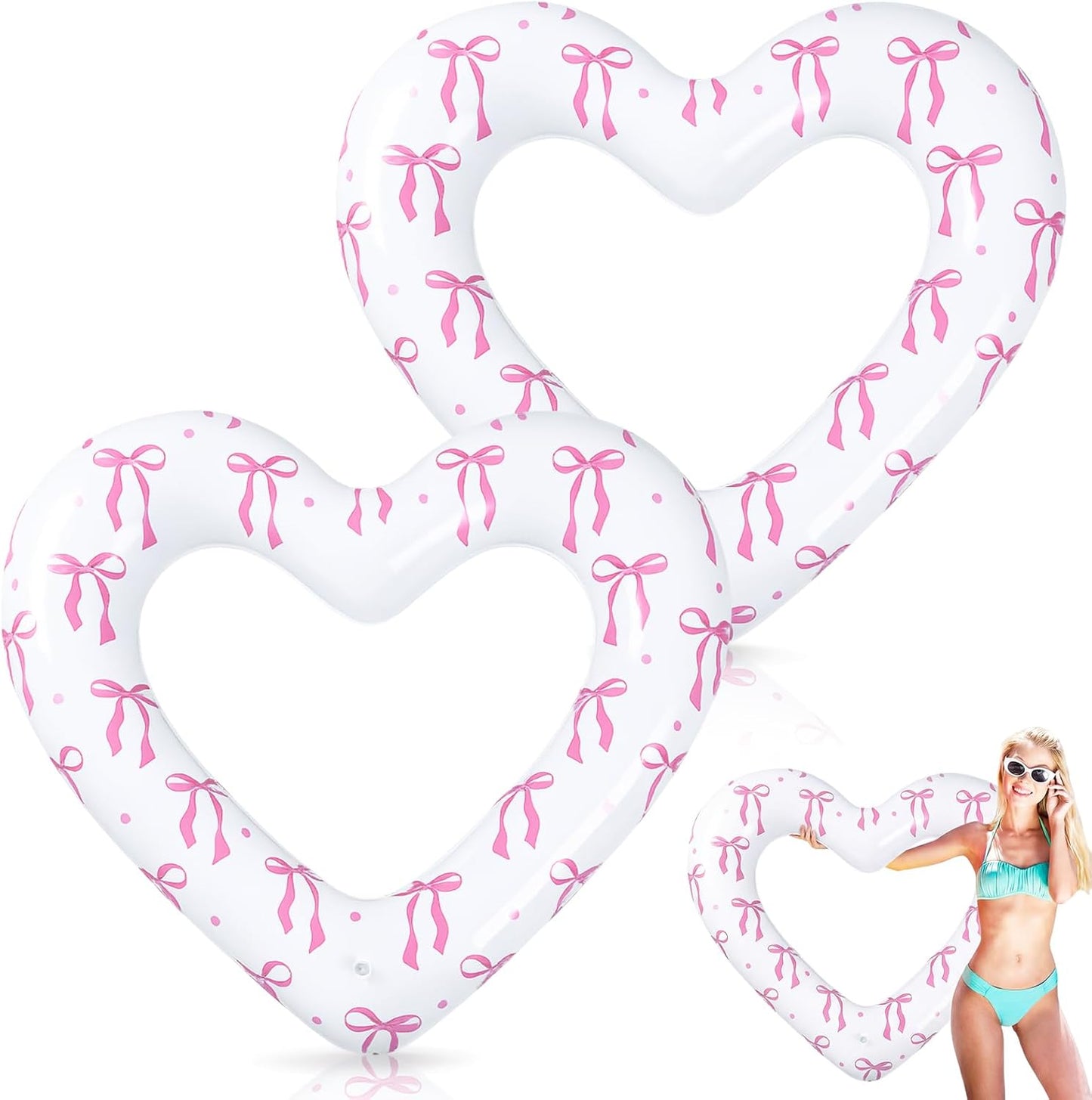 Soulchen 2 Pack Pink Bow Pool Float 43 Inch Heart Summer Swimming Pool Float Coquette Blow up Inflatable Loungers Tube Ring for Women Adults Water Fun Beach Bachelorette Party