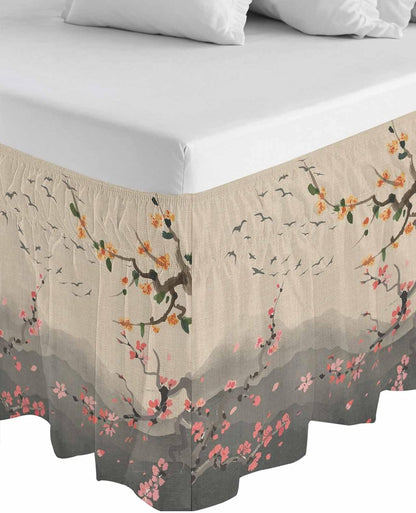 Chinese Ink Painting Bed Skirt Queen Size 16 Inch Drop, Wrap Around Bed Skirts, Pink Peach Blossom Branches Elastic Bedskirt Pleated Bed Frame Cover Luxurious Dust Ruffle for Queen Bed